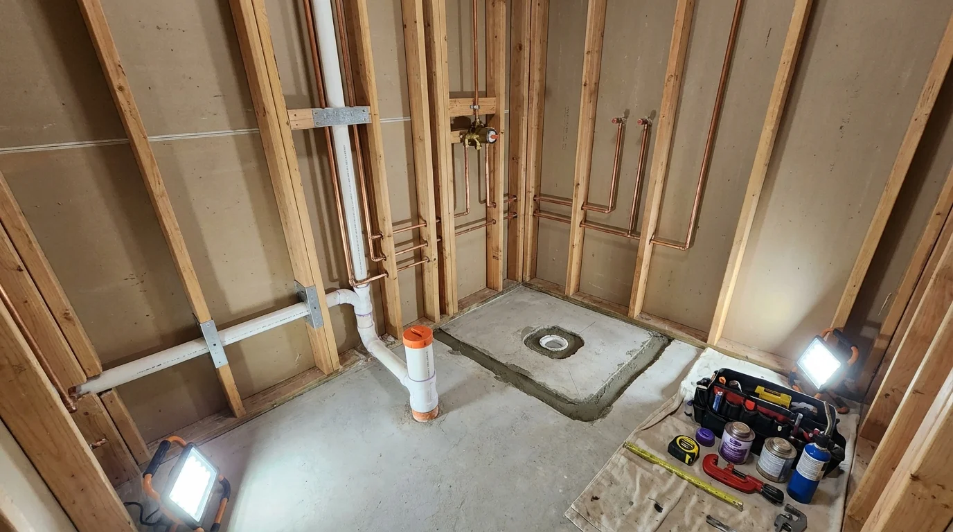 Bathroom rough-in plumbing during remodel by Johns Plumbing LLC in Arcanum