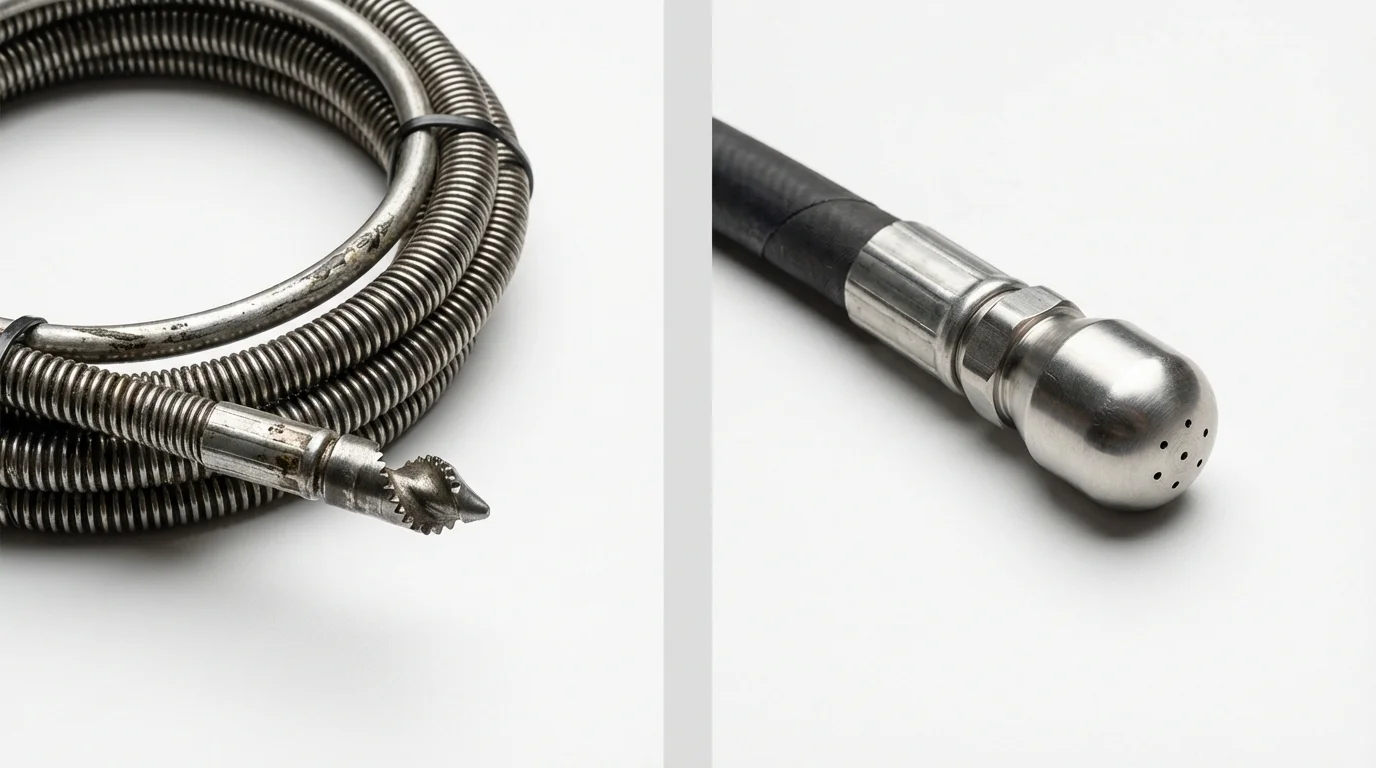 Drain snake cable and hydro jetting nozzle used for drain cleaning in Arcanum, OH