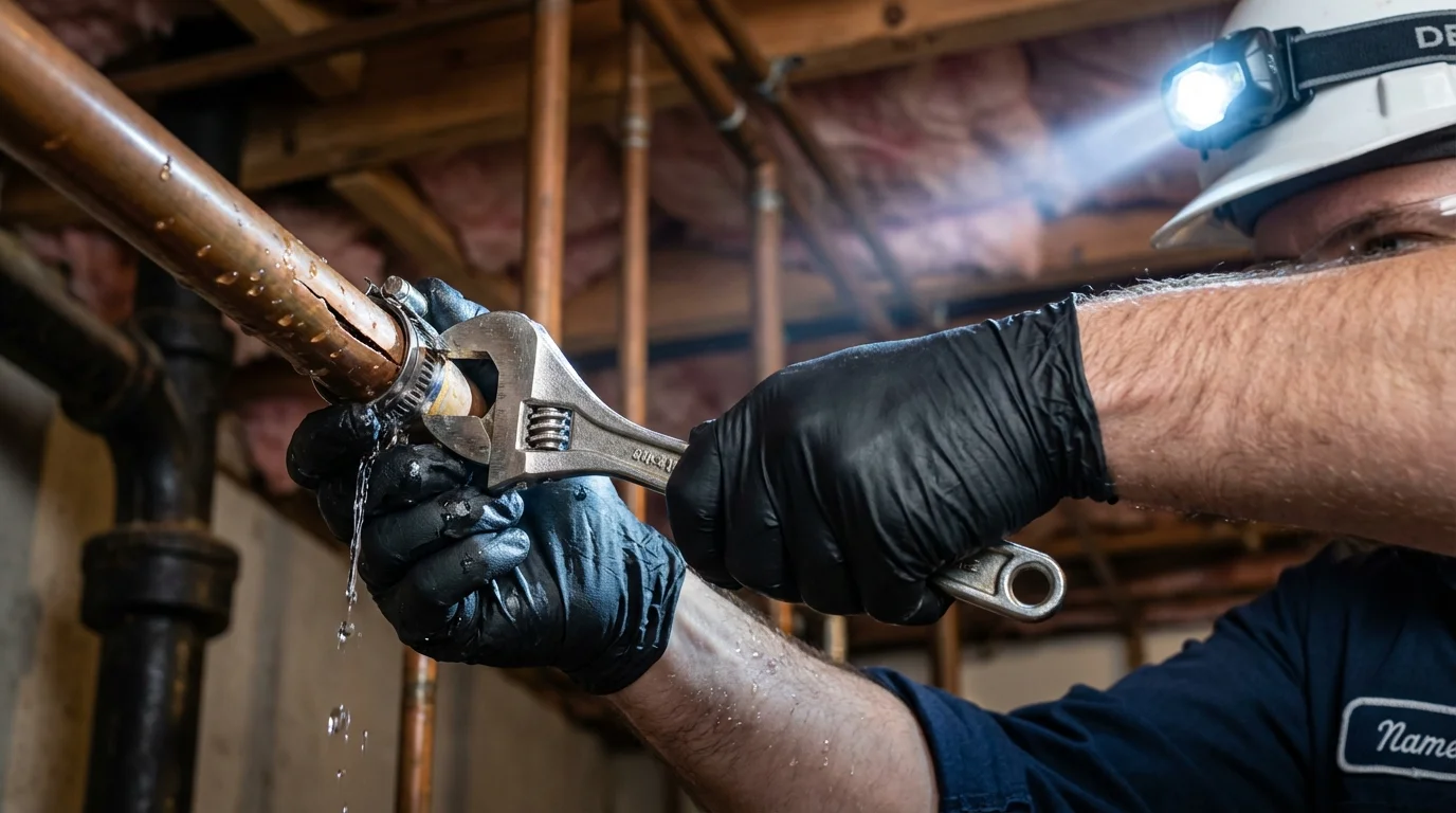 Emergency pipe clamp repair being performed by a Johns Plumbing LLC plumber in Arcanum