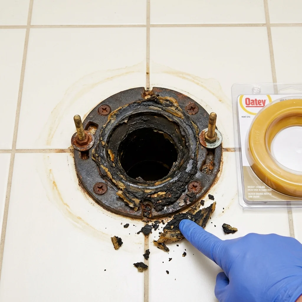Failed wax ring showing water seepage at the base of a toilet in a Arcanum, OH home