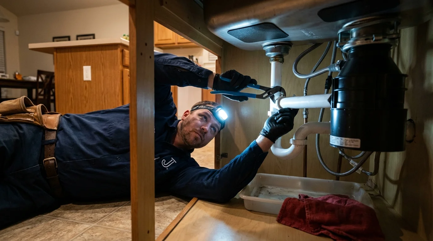 P-trap and supply line connections under a kitchen sink showing a common leak point in Arcanum, OH